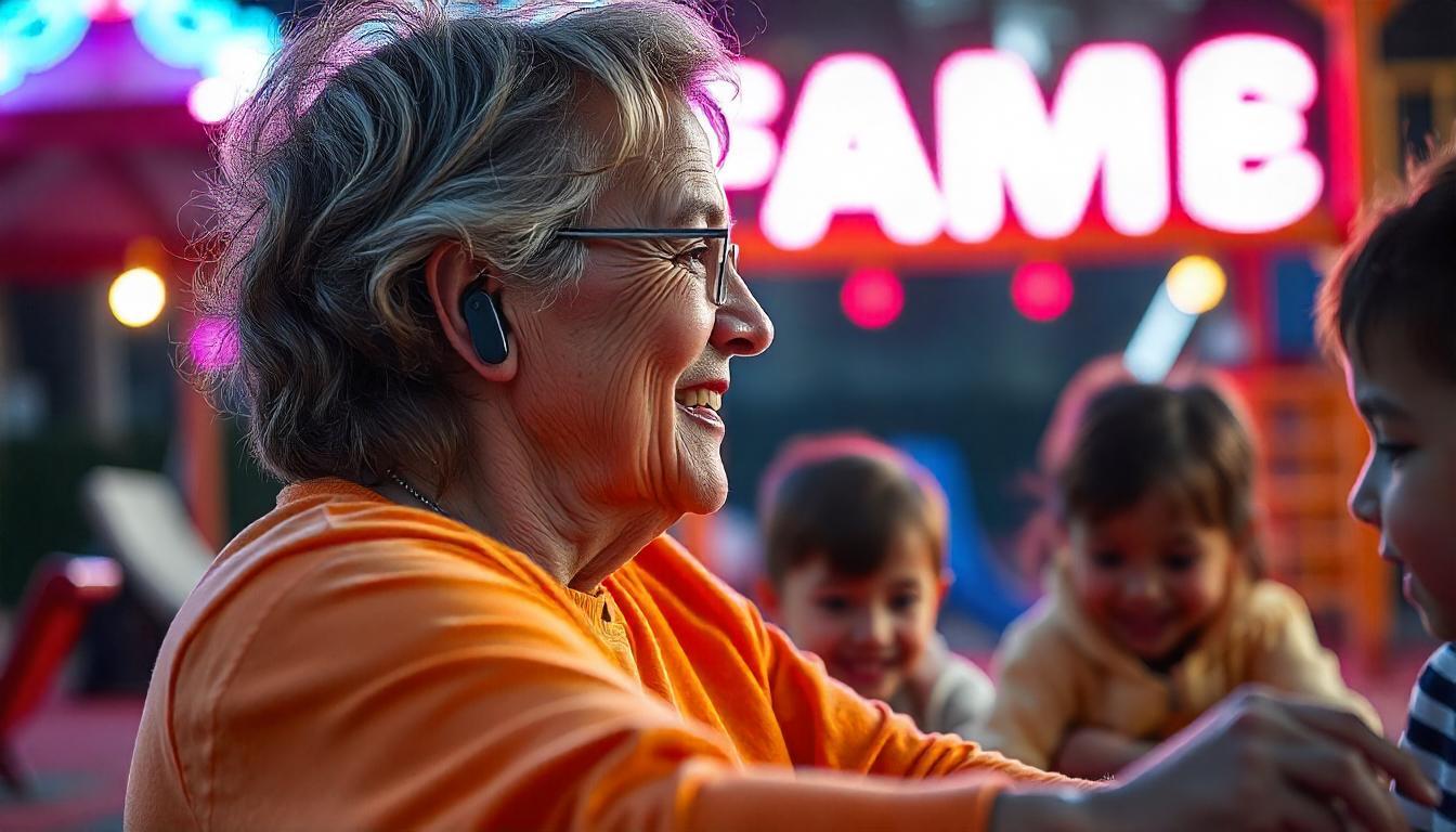 Grandmother wearing hearing aid playing with grandchildren